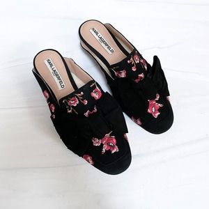 KARL LAGERFELD Black Suede Embroidered Odetta Mules Size 8